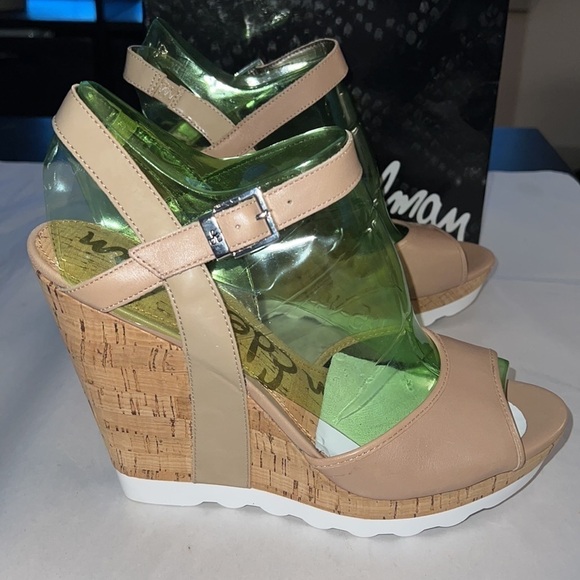 Sam Edelman Karina Nude Leather cork heels platform side buckle sandals Sz 10 - Picture 8 of 10